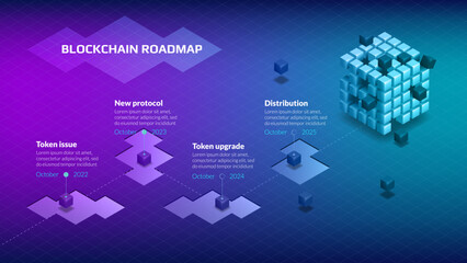 Isometric roadmap for blockchain or cryptocurrency project with big and small cubes on purple blue background. Infographic timeline template for presentation. Vector.