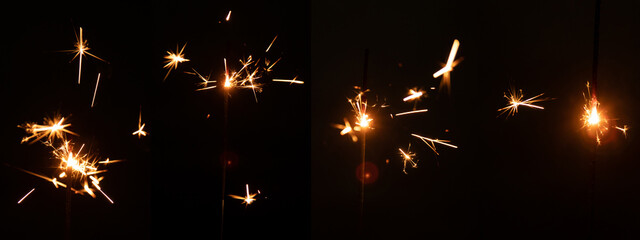 Set of sparkler with sparks with lens glare on black background for overlay blending mode.