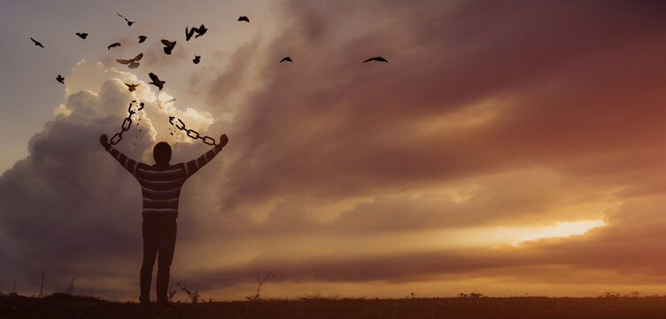 The man who broke the chains and set the birds free enjoys nature at sunrise. concept of freedom