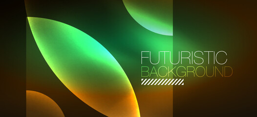 Abstract background with neon glowing light effects. Round shapes, triangles and circles. Wallpaper for concept of AI technology, blockchain, communication, 5G, science, business and technology