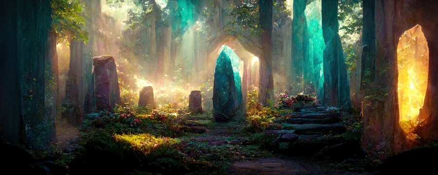 Fancy dreamland wonderful forest with magic stone reminiscent of elven legend, with photo realistic cgi 3D rendering. Elf concept, strong color. © La Cassette Bleue