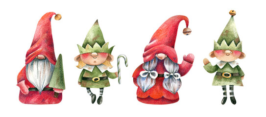 Fototapeta premium Set of cute Christmas characters gnomes and elves drawn in cartoon style. Christmas, New Year, fairy tale characters isolated on white background. Traditional winter characters.