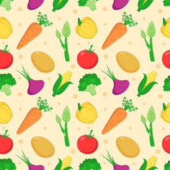 Vegetarian, Fruit and Vegetables Seamless Pattern Design with Fresh, Organic and Natural Food in Hand Drawn Flat Cartoon Background Illustration