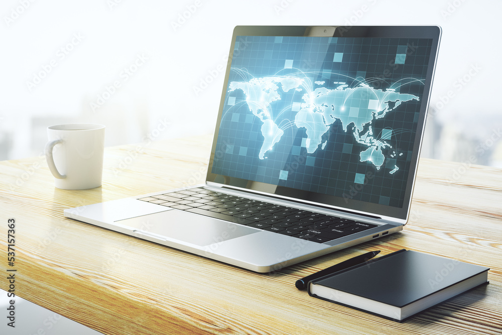 Fototapete Computer monitor with abstract graphic digital world map with connections, globalization concept. 3D Rendering