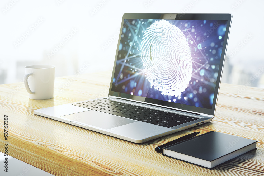 Poster abstract creative fingerprint illustration on modern laptop monitor, digital access concept. 3d rend