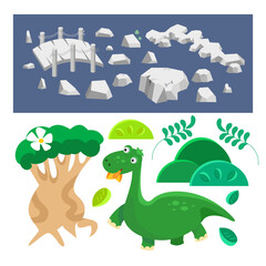 Set of objects for cards and scenes with dinosaurs. Stones, bridge and plants. Isolated elements for games, posters. Vector illustration.