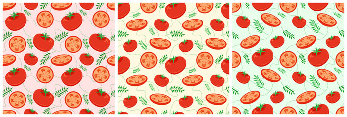 Set of Vegetarian, Fruit or Vegetables Seamless Pattern Design with Fresh, Organic and Natural Food in Hand Drawn Flat Cartoon Background Illustration