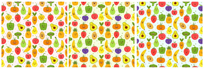 Set of Vegetarian, Fruit or Vegetables Seamless Pattern Design with Fresh, Organic and Natural Food in Hand Drawn Flat Cartoon Background Illustration