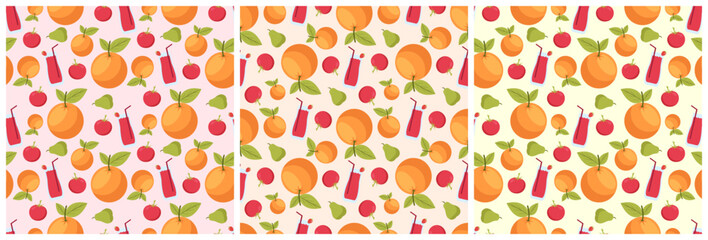 Set of Vegetarian, Fruit or Vegetables Seamless Pattern Design with Fresh, Organic and Natural Food in Hand Drawn Flat Cartoon Background Illustration