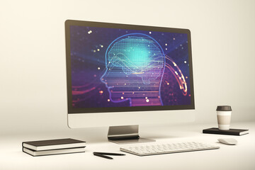 Modern computer screen with creative human head microcircuit. Future technology and AI concept. 3D Rendering