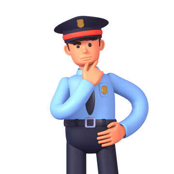 3d render of policeman in blue shirt thinking, making decision