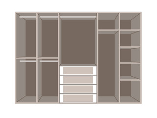 Wardrobe cartoon. Wardrobe isolated on white background. Empty open wardrobe with hanger, shelves and drawers.