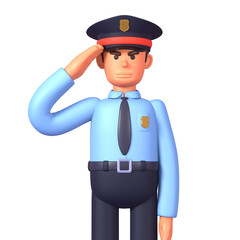 3d render of policeman in blue shirt standing still and saluting