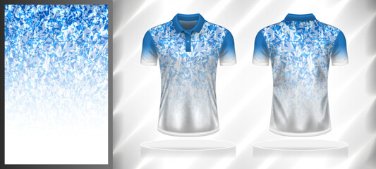 Vector sport pattern design template for Polo T-shirt front and back view mockup. Blue-white color gradient abstract texture background illustration.