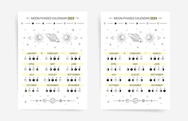 Set of moon calendar for 2023 and 2024 years. Lunar calendar planner agenda templates. Black and white colors and minimal celestial aesthetic design moon calendars. - obrazy, fototapety, plakaty