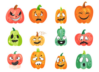 Funny halloween pumpkins set. Cute cartoon pumpkins icons isolated on white background. Happy spooky and cute faces. Vector illustrations for banner, decorative design, posters and halloween labels.