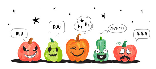 Set of talking pumpkins on white background. Spooky and funny pumpkin holiday faces with scary text. Vector illustrations for Halloween decorative design, banners, posters, cards, sale promotions.