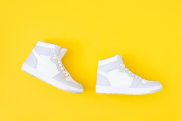 Shoes on yellow background. Step by step in flat style. Success and development creative concept. Top view