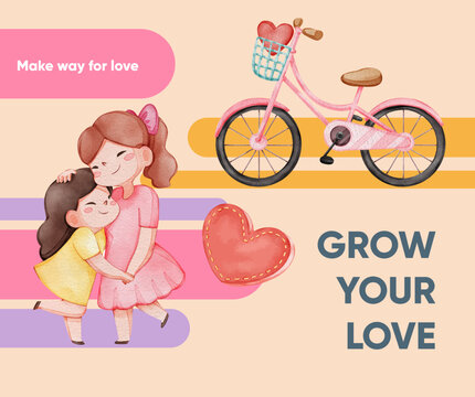 Facebook post template with girl child hug with love concpet,watercolor style