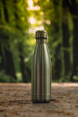 Water bottle. Reusable steel thermo water bottle on green grass. Sustainable lifestyle. Plastic...