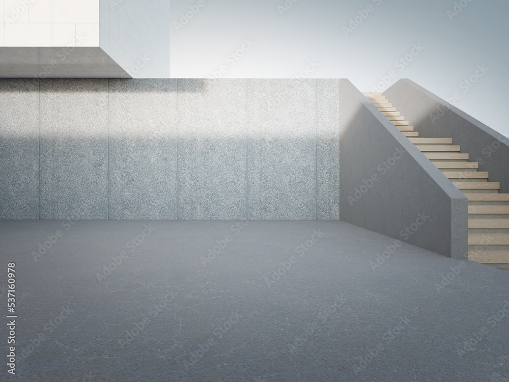 Wall mural empty concrete floor and white cement wall in city park. 3d rendering of abstract gray building with