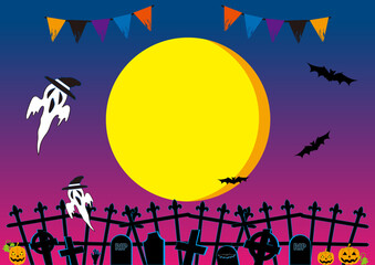 ハロウィン　
月と墓地とカボチャの背景素材　
横