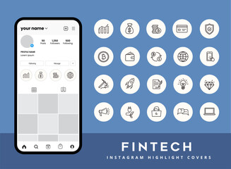 Set of finance technology business and economy digital icons for instagram story highlight covers - obrazy, fototapety, plakaty