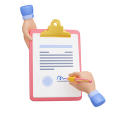 Business agreement, contract or document with signature. Hands hold clipboard with official paper and sign it with pen, isolated on white background, 3d render illustration © klyaksun