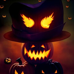 Creepy burning Jack-o-lantern pumpkin head. Halloween Glowing fire flame head - 537162343
