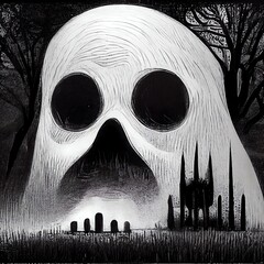 Black and white illustration. Huge white hungry ghost, spooky graveyard. Horror - 537162364