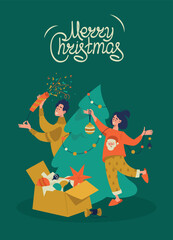 Man and woman are preparing for christmas and new year. A happy family decorates a Christmas tree in a cozy interior. Trendy characters celebrate winter holidays. Image for website, landing page.