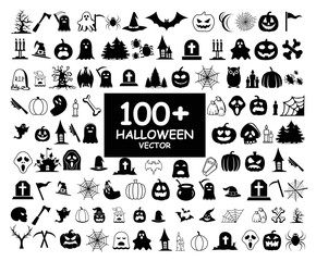 Fototapeta na wymiar Best Big Set Of Halloween Silhouettes Black 100+ Vector And Icon Design, Creepy And Spooky Elements For Halloween Decorations, Clip Art, Vector Icons, And Stickers. Premium Happy Halloween Vector. 