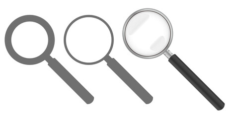 虫眼鏡・ルーペ　イラスト・アイコン　ベクターイラスト　背景レイヤーなし　黒・灰色・銀色／ブラック・グレー・シルバー