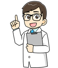 資料を持って、説明案内する白衣の男性