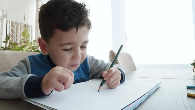 Little Boy Drawing stock video is a great piece of video that contains a little boy using colored pencils to draw a picture. 