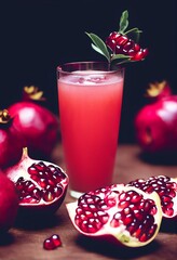 Fresh ripe whole and cut pomegranate fruit with seeds. Pomegranate juice