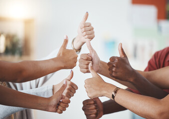 Thumbs up, diversity group and success team collaboration in the business workplace. Hand, teamwork and support, trust and winner, victory and successful planning strategy. - obrazy, fototapety, plakaty