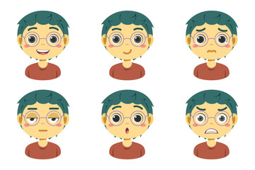 Collection of face expressions cute children cartoon character design. Different emotions boy Vector illustration. Face of smiling, crying, anger, surprise, indifferent isolated on white background.