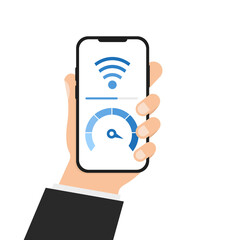 Hand holds smartphone with credit score meter. Phone display with speed test on it. Vector illustration