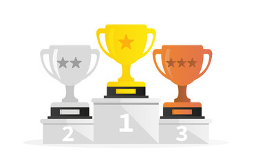 A gold cup for first place, a silver cup for second place and a bronze cup for third place. Vector illustration
