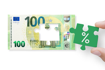 The concept of financial crisis and recession. 100 euros note isolated on a white background