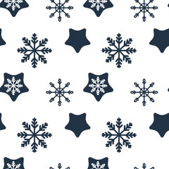 Seamless pattern of blue stars and snowflakes. New Year's print for wrapping paper. Christmas background of stars and snowflakes