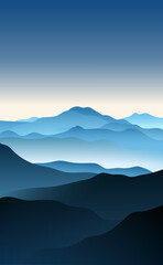 Fototapeta premium Landscape. Morning in the mountains. Vector illustration of a mountain landscape at sunrise in a haze of fog. Sketch for creativity.