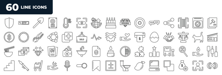 set of most common used 60 web icons in outline style. thin line icons such as warrior, tell, sold, noodle, sucess, stair, plus minus, face id vector. © IconArt