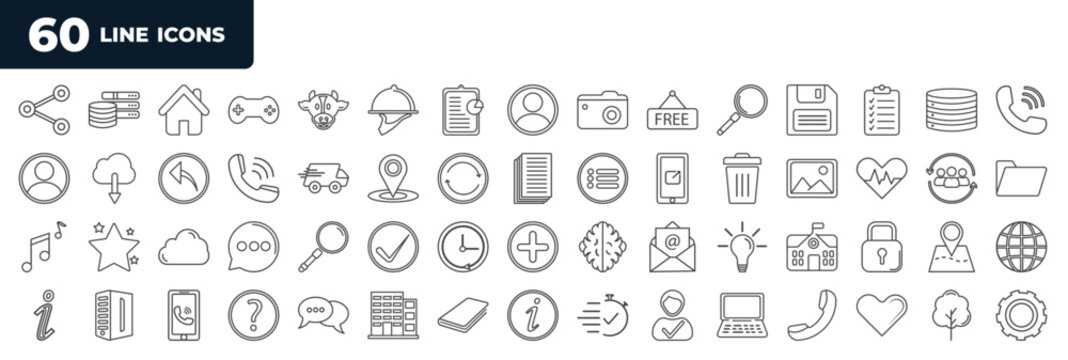 set of most common used 60 web icons in outline style. thin line icons such as share, find, location, music, idea, information, info, tree vector.