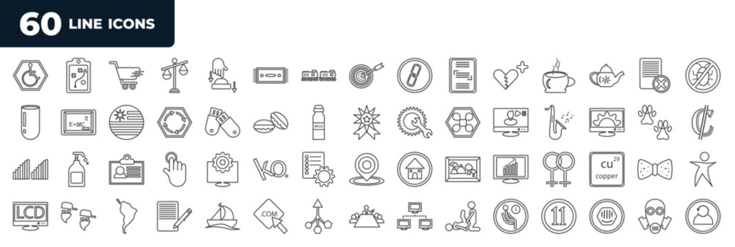 set of most common used 60 web icons in outline style. thin line icons such as disabled person, heart attack, aron, , enhancement, lcd, conference room, gas mask vector.