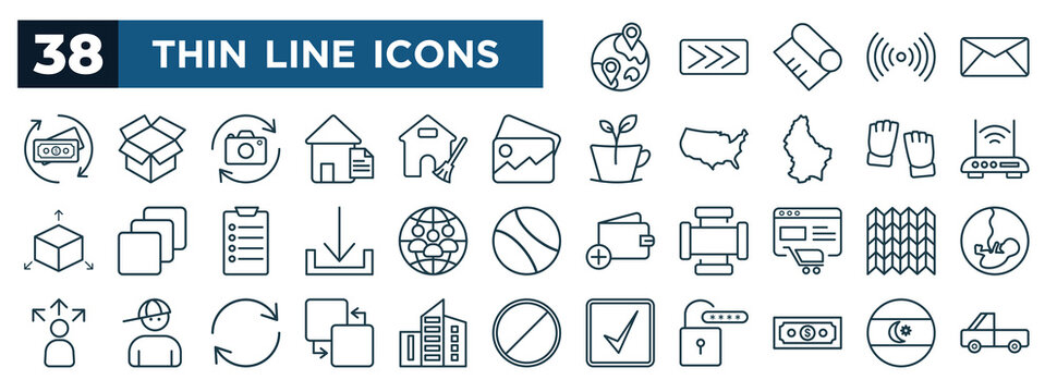 set of most common used web icons in outline style. thin line icons such as abroad, cashflow, photo gallery, wifi router, humanity, patterns, bring, dollar bill vector