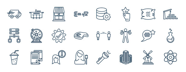 set of most common used web icons in outline style. thin line icons such as delivery truck, formula, pillow, lottery, distancing, flask, about me, office building vector.