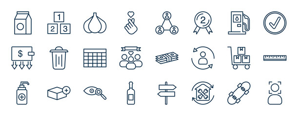 set of most common used web icons in outline style. thin line icons such as takeaway, kpop, petrol, rubbish, bundle, length, observe, renovation vector.