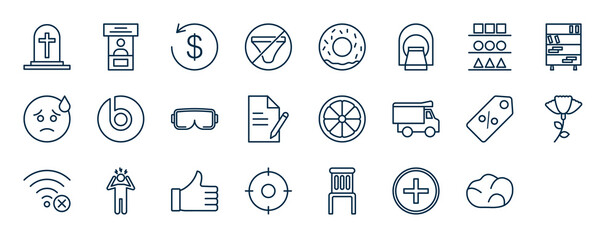 set of most common used web icons in outline style. thin line icons such as tomb, naked, ct, but, home work, discounts, stressed, seating vector.
